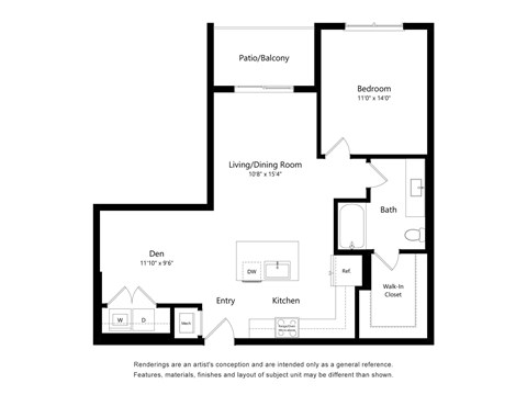 Floor plan for 1 bed, 1 bath, 842 sqft